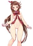  ass_visible_through_thighs blush bow breasts brown_eyes brown_hair gloves granblue_fantasy harie_(granblue_fantasy) harigane_shinshi hat highres lace_trim long_hair looking_at_viewer medium_breasts mini_hat navel nipples open_mouth ribbon see-through simple_background smile solo very_long_hair white_background white_gloves 