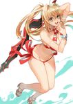  allenkung1 arm_up bikini blonde_hair bracelet breasts fate/grand_order fate_(series) finger_to_mouth green_eyes highres hips jewelry large_breasts leaning_forward long_hair nero_claudius_(fate)_(all) nero_claudius_(swimsuit_caster)_(fate) red_bikini side-tie_bikini simple_background solo striped striped_bikini swimsuit sword thighs weapon white_background 