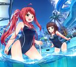  ahoge asahina_kokomi battle_girl_high_school beach_umbrella blue_eyes brown_hair cloud competition_swimsuit cowboy_shot day fisheye hair_bun hasumi_urara highres long_hair looking_at_viewer multiple_girls name_tag old_school_swimsuit one-piece_swimsuit palm_tree pool pool_ladder red_hair school_swimsuit sky swimsuit tamanegi_(12030028) tree twintails umbrella wading water water_slide yellow_eyes 