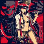  \m/ banned_artist bikini black_bikini black_border black_hair border breasts collarbone cowboy_shot family_crest fate/grand_order fate_(series) frilled_bikini frills grin hair_between_eyes hat headphones headphones_around_neck holding holding_weapon jacket long_hair looking_at_viewer lowleg lowleg_bikini medium_breasts multicolored multicolored_bikini multicolored_clothes multicolored_jacket navel oda_nobunaga_(fate) oda_nobunaga_(swimsuit_berserker)_(fate) outline peaked_cap red_eyes red_jacket s_tanly skeleton smile solo standing straight_hair swimsuit thighs very_long_hair weapon white_jacket 