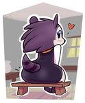  &lt;3 2016 aliasing animal_crossing anthro bench big_butt biped black_clothing black_topwear blue_eyeshadow blush border butt butt_focus cel_shading chair chibi clothed clothing digital_drawing_(artwork) digital_media_(artwork) dress eyelashes female footwear full-length_portrait fur half-closed_eyes hedgehog inside labelle_able looking_at_viewer looking_back mammal nintendo on_bench on_chair outline pokyuii portrait purple_fur raised_tail rear_view scarf shoes signature sitting solo spines striped_tail stripes video_games white_border 