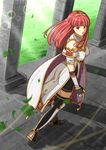  armor black_legwear boo_cipher breastplate cape celica_(fire_emblem) fingerless_gloves fire_emblem fire_emblem_echoes:_mou_hitori_no_eiyuuou fire_emblem_gaiden gloves leaf leaves_in_wind long_hair red_eyes red_hair tiara 