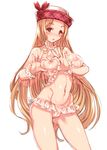  ass ass_visible_through_thighs bare_shoulders blonde_hair blush breasts brown_eyes diola_(granblue_fantasy) frilled_panties frills granblue_fantasy groin harigane_shinshi hat heart heart-shaped_boob_challenge heart_hands highres large_breasts long_hair looking_at_viewer navel nipple_press nipples panties scrunchie see-through simple_background solo underwear white_background wrist_scrunchie 