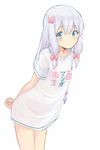  adrenaline!!! arms_behind_back bangs blue_eyes blush closed_mouth clothes_writing collarbone commentary_request eromanga_sensei hair_between_eyes hair_ribbon izumi_sagiri leaning_forward long_hair looking_at_viewer raised_eyebrows ribbon shirt sidelocks silver_hair simple_background solo standing uro white_background white_shirt 