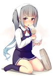  belt black_legwear black_ribbon blush bowl brown_eyes buttons dress gigokku grey_hair hair_ribbon highres kantai_collection kasumi_(kantai_collection) kneehighs long_hair long_sleeves neck_ribbon pinafore_dress red_ribbon remodel_(kantai_collection) ribbon rice_bowl rice_cooker rice_spoon school_uniform shirt side_ponytail simple_background sitting sleeveless sleeveless_dress solo wariza white_shirt 