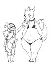  2017 anthro armor bikini black_and_white blush clothing collar dragon duo eyelashes female flower helmet hi_res human jijis-waifus knight larger_female male mammal melee_weapon micro_bikini monochrome navel plant shield simple_background size_difference slightly_chubby smaller_male sweat swimsuit sword thick_thighs weapon white_background wide_hips 