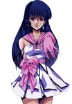  80s blue_hair choujikuu_yousai_macross cowboy_shot gloves long_hair looking_at_viewer lynn_minmay macross mikimoto_haruhiko official_art oldschool outstretched_arms parted_lips simple_background skirt solo white_background 