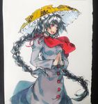  black_hair braid buttons clothes_writing dress earlobes hands_together open_mouth red_eyes scarf smile snow solo torn_clothes touhou twin_braids twintails yatadera_narumi yudaoshan 
