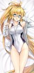 adjusting_eyewear ass_visible_through_thighs bangs bare_shoulders bed_sheet black-framed_eyewear blonde_hair blue_eyes blush breasts collarbone commentary_request competition_swimsuit covered_navel dakimakura eyebrows_visible_through_hair fate/grand_order fate_(series) fingernails glasses highres jacket jeanne_d'arc_(fate)_(all) jeanne_d'arc_(swimsuit_archer) kotatsu_(kotatsu358) long_hair long_sleeves looking_at_viewer lying medium_breasts on_back one-piece_swimsuit open_clothes open_jacket open_mouth ponytail shiny shiny_hair sleeves_past_wrists smile sweat sweatdrop swimsuit very_long_hair whistle whistle_around_neck 