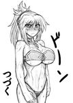  &gt;:( alternate_breast_size bangs bare_arms bare_shoulders bikini blush breasts collar cowboy_shot crossed_arms embarrassed eyebrows_visible_through_hair fate/apocrypha fate/grand_order fate_(series) frown green_eyes greyscale highres jewelry large_breasts looking_at_viewer looking_away looking_to_the_side mitsurugi_tsurugi monochrome mordred_(fate) mordred_(fate)_(all) navel necklace ponytail simple_background solo sweat swimsuit translated v-shaped_eyebrows white_background 