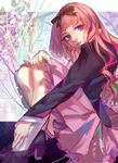  aiha_(noragami) bow etude highres long_hair noragami pink_hair purple_eyes sitting skirt solo wavy_hair 