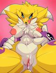  2017 anthro anus blush breasts chest_tuft clitoris cum cum_on_face digimon female fur hi_res licking licking_lips looking_at_viewer nipples nude pussy renamon snappygrey solo tongue tongue_out tuft yellow_fur 