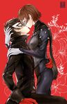  1girl amamiya_ren artist_name black_hair braid brown_hair closed_eyes coat commentary couple freinoir from_side gloves hetero highres kiss mask niijima_makoto persona persona_5 scarf 