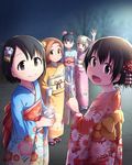  :d akagi_miria ayami_(ayanoayanosuke) black_eyes black_hair brown_eyes bunny_hair_ornament cup flower fukuyama_mai hair_flower hair_ornament idolmaster idolmaster_cinderella_girls japanese_clothes kimono looking_at_viewer multiple_girls obi open_mouth ponytail ryuuzaki_kaoru sasaki_chie sash short_hair smile steam twintails waving yokoyama_chika yukata 