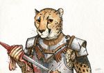  anthro armor blood cheetah claws ear_piercing feline fur looking_at_viewer male mammal melee_weapon orange_eyes piercing solo spots spotted_fur sword titusw traditional_media_(artwork) weapon 
