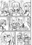  &gt;:( 2girls :d ? ahoge arms_at_sides artoria_pendragon_(all) bare_shoulders bikini_top blush braid closed_eyes closed_mouth collarbone comic commentary_request dress fang fate/apocrypha fate/grand_order fate/stay_night fate_(series) french_braid frown fujimaru_ritsuka_(male) greyscale hair_bun hair_ribbon highres jewelry juliet_sleeves long_hair long_sleeves mitsurugi_tsurugi monochrome mordred_(fate) mordred_(fate)_(all) mother_and_daughter multiple_girls navel necklace nose_blush open_mouth pendant ponytail puffy_sleeves ribbon saber short_hair sidelocks sideways_mouth simple_background sketch smile speech_bubble stomach sweat translation_request tsurime upper_body v-shaped_eyebrows white_background 