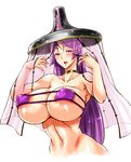  areola_slip areolae bare_shoulders bikini blush breasts choker collarbone covered_nipples eyepatch_bikini fate/grand_order fate_(series) hat huge_breasts long_hair looking_at_viewer minamoto_no_raikou_(fate/grand_order) minamoto_no_raikou_(swimsuit_lancer)_(fate) musashino_sekai parted_lips purple_bikini purple_eyes purple_hair simple_background smile solo stomach swimsuit white_background 