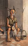  0laffson anthro barefoot blue_eyes caracal clothed clothing digitigrade ear_tuft feline hindpaw male mammal paws sitting solo titusw tuft tunic 
