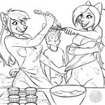  &lt;3 anthro apron black_and_white blush breasts canine clothed clothing cooking cream duo_focus erection erection_under_clothes feline female group hi_res kitchen male mammal messy monochrome naked_apron nateday navel pussy semira skimpy standing swanson 