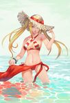  aako absurdres bikini blonde_hair bracelet breasts closed_mouth criss-cross_halter fate/grand_order fate_(series) green_eyes halterneck hat highres jewelry lips long_hair looking_to_the_side medium_breasts navel nero_claudius_(fate)_(all) nero_claudius_(swimsuit_caster)_(fate) solo standing straw_hat striped striped_bikini swimsuit twintails wading water 