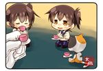  :d admiral_(kantai_collection) artist_name black_legwear blue_hakama brown_eyes brown_hair cat chibi commentary_request cup drinking dual_persona hair_between_eyes hakama highres holding holding_cup holding_plate japanese_clothes kaga_(kantai_collection) kantai_collection kneeling minigirl multiple_girls open_mouth plate short_hair side_ponytail smile stuffed_animal stuffed_cat stuffed_toy taisa_(kari) tasuki tea_party teacup thighhighs 