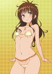  bikini breasts brown_eyes brown_hair choker fuchitoro gradient gradient_background harem_outfit headdress jewelry long_hair navel necklace small_breasts smile solo standing swimsuit to_love-ru yuuki_mikan 