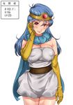  1girl adjusting_hair bare_legs bare_shoulders blue_hair blush breasts cape cleavage cowboy_shot dragon_quest dragon_quest_iii dress gloves highres large_breasts legs long_hair looking_at_viewer puffy_nipples red_eyes sage_(dq3) sakuradou simple_background smile solo standing strapless thighs white_background white_dress yellow_gloves 