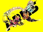  arms_(game) battle bracelet chilla_(arms) dark_skin domino_mask drill_hair duel eye_contact highres jewelry looking_at_another mask multiple_girls official_art ribbon_girl_(arms) shorts shorts_under_skirt skirt smile sparky_(arms) twin_drills twintails twintelle_(arms) yellow_background 