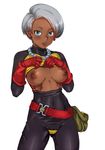  1girl areolae belt blue_eyes blush breasts covered_navel cowboy_shot dark_skin dragon_quest dragon_quest_iii earrings gloves grey_hair highres legs looking_at_viewer necklace nipples no_bra open_clothes parted_lips pearl_necklace red_gloves sakuradou serious short_hair silver_hair simple_background skin_tight small_breasts solo standing suspenders thief_(dq3) thighs white_background 