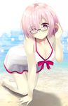  7_calpis_7 all_fours beach blush breasts cleavage closed_mouth collarbone eyebrows_visible_through_hair eyes_visible_through_hair fate/grand_order fate_(series) glasses hair_over_one_eye highres large_breasts looking_at_viewer mash_kyrielight purple_eyes purple_hair smile solo swimsuit swimsuit_of_perpetual_summer type-moon 