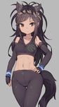  :/ animal_ears ass_visible_through_thighs bare_shoulders black_gloves black_legwear breasts brown_eyes brown_hair brown_thoroughbred_(kemono_friends) closed_mouth crop_top crotch_seam dark_skin elbow_gloves fingerless_gloves gloves grey_background hand_on_hip highres horse_ears horse_girl horse_tail japan_racing_association kemono_friends logo long_hair looking_at_viewer medium_breasts midriff navel pantyhose shone simple_background solo tail thigh_gap 