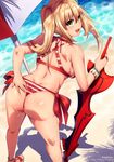  absurdres ahoge ass bare_shoulders bent_over bikini blonde_hair breasts fate/grand_order fate_(series) from_behind green_eyes hair_intakes highres holding holding_weapon large_breasts long_hair looking_at_viewer looking_back nero_claudius_(fate)_(all) nero_claudius_(swimsuit_caster)_(fate) parasol red_bikini sandals side-tie_bikini sideboob smile solo striped striped_bikini sweat swimsuit sword twintails umakatsuhai umbrella weapon wet 