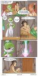  absurd_res after_sex breasts clothing comic cum cum_in_pussy cum_inside cum_on_leg duo female gardevoir green_hair hair hi_res human humanoid male mammal masterploxy nintendo not_furry one_breast_out pok&eacute;mon video_games 