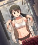  black_hair blush breasts brown_eyes cleavage collarbone eyebrows_visible_through_hair idolmaster idolmaster_cinderella_girls kamille_(vcx68) large_breasts long_hair looking_at_viewer low_twintails nakano_yuka navel parted_lips solo sports_bra sweat twintails 