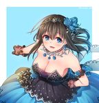  black_gloves blue_eyes blush breasts brown_hair cleavage dress earrings eyebrows_visible_through_hair floral_print flower gloves hair_flower hair_ornament highres idolmaster idolmaster_cinderella_girls idolmaster_cinderella_girls_starlight_stage jewelry kamille_(vcx68) large_breasts long_hair looking_at_viewer off_shoulder parted_lips print_gloves sagisawa_fumika smile solo teeth 