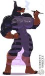  anthro athletic big_breasts breasts canine cigarette claws clothing doberman dog female gideon huge_breasts hyper hyper_breasts mammal muscular nipples simple_background smoke smoking solo 