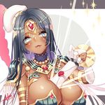  arabian_clothes black_hair blue_eyes blush breasts circlet cleavage commentary_request dark_skin elbow_gloves fate/grand_order fate_(series) forehead_jewel gloves hat highres large_breasts long_hair looking_at_viewer mokokiyo_(asaddr) parted_lips scheherazade_(fate/grand_order) scroll smile solo thumb_ring upper_body white_gloves 