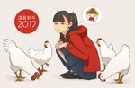  2017 animal bird black_eyes black_hair chicken chicken_nuggets chinese_zodiac coat duffel_coat food from_side hands_on_own_knees imagining kneehighs loafers looking_at_viewer original pleated_skirt red_coat shinchou_ni_kansuru_kousatsu shoes skirt smile solo squatting thought_bubble twintails year_of_the_rooster 
