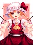  blonde_hair blush chiyu_(kumataro0x0) commentary_request flandre_scarlet hat heart highres looking_at_viewer mob_cap open_mouth puffy_short_sleeves puffy_sleeves red_eyes short_hair short_sleeves smile solo touhou upper_body 
