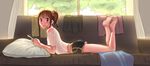  absurdres ahoge ass barefoot blue_nails boyshorts brown_hair candy cellphone closed_mouth couch drill_hair eyebrows_visible_through_hair food full_body hair_bobbles hair_ornament highres holding holding_cellphone holding_phone idolmaster idolmaster_million_live! indoors kamille_(vcx68) lollipop looking_at_viewer lying nail_polish on_stomach phone pillow purple_eyes short_hair shorts solo window yokoyama_nao 
