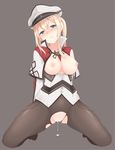  absurdres arms_behind_back between_breasts black_background black_legwear blonde_hair blue_eyes blush bottomless breasts breasts_outside capelet celtic_knot cum cum_in_pussy cumdrip graf_zeppelin_(kantai_collection) hakutakuanta hat head_tilt highres kantai_collection kneeling large_breasts long_hair military military_hat military_uniform nipples nose_blush pantyhose peaked_cap pussy sidelocks solo spread_legs sweatdrop tears thighs torn_clothes torn_legwear twintails uncensored uniform 