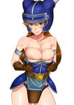  1girl areolae armor bare_shoulders belt blush breasts breasts_outside brown_gloves cowboy_shot daisy_(dq) dragon_quest dragon_quest_yuusha_abel_densetsu gloves helmet highres large_breasts legs long_hair looking_at_viewer nipples open_clothes orange_hair red_eyes sakuradou simple_background smile solo standing thighs thong white_background 