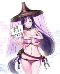  bare_shoulders bikini blush breasts choker closed_mouth collarbone comiket commentary_request cowboy_shot eyepatch_bikini fate/grand_order fate_(series) hat highres holding holding_sign large_breasts long_hair looking_at_viewer low-tied_long_hair minamoto_no_raikou_(fate/grand_order) minamoto_no_raikou_(swimsuit_lancer)_(fate) navel nekomata_naomi purple_bikini purple_eyes purple_hair sign smile solo stomach swimsuit translation_request veil very_long_hair 