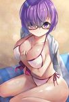  adapted_costume bikini black-framed_eyewear blush bow bow_bikini breasts cleavage closed_mouth collarbone commentary fate/grand_order fate_(series) glasses grey_jacket hair_over_one_eye jacket jacket_on_shoulders large_breasts looking_at_viewer mash_kyrielight motokonut purple_eyes purple_hair red_bow sand short_hair side-tie_bikini sitting solo swimsuit swimsuit_of_perpetual_summer wariza white_bikini 
