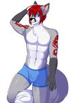  abs anthro boxers_(clothing) bulge canine clothing fox fur hair kitsunewaffles-chan looking_at_viewer male mammal smile solo standing tattoo thick_thighs underwear 