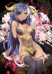  47agdragon arm_support ass_visible_through_thighs bangs bare_shoulders black_legwear black_wings blue_hair breasts character_request commentary_request demon_girl detached_sleeves eyebrows_visible_through_hair eyepatch flower hand_on_own_chest highres horns leotard long_hair looking_at_viewer low_wings medium_breasts navel open_mouth original pink_eyes pointy_ears revealing_clothes see-through smile solo strapless strapless_leotard swept_bangs thighhighs wings 