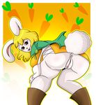  2017 anthro anus bent_over blonde_hair boots butt cape carrot carrot_(one_piece) clothing female food footwear hair happy lagomorph looking_at_viewer looking_back mammal minkmen_(one_piece) open_mouth pussy rabbit raised_tail solo sonson-sensei vegetable 