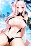  apt arm_support ass_visible_through_thighs bare_arms bare_shoulders blurry blush breasts cleavage cleavage_cutout coconut_tree commentary_request day depth_of_field hair_between_eyes heterochromia kuroda_kanbee_(sengoku_bushouki_muramasa) large_breasts long_hair looking_at_viewer one-piece_swimsuit outdoors palm_tree parted_lips purple_eyes sengoku_bushouki_muramasa side_ponytail silver_eyes silver_hair sitting solo spread_legs swimsuit tree very_long_hair 