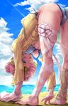  ass bandages beach bent_over bikini blue_bikini blue_eyes breasts cleavage cloud day detached_sleeves double_bun fate/apocrypha fate/grand_order fate_(series) frankenstein's_monster_(fate) frankenstein's_monster_(swimsuit_saber)_(fate) from_below hair_ornament hair_over_one_eye hairclip headgear highres horn kurimaru_kinton leg_ribbon leg_warmers looking_at_viewer medium_breasts ocean open_clothes open_mouth open_shirt outdoors pink_hair ribbon shirt single_detached_sleeve single_leg_warmer sky solo swimsuit thighs touching_toes yellow_shirt 