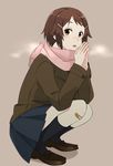  bandaid bandaid_on_knee blush brown_eyes brown_hair freckles highres keiji_(thefrontofarmament) lisbeth loafers looking_at_viewer nose_blush pink_scarf scarf shoes short_hair skirt solo squatting sword_art_online 